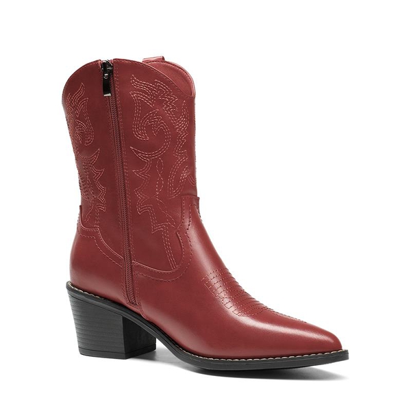 Western Chunky Heel Cowboy Ankle Boots - RED - 2